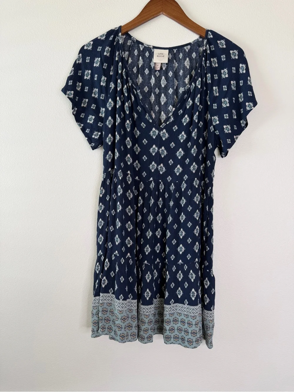 Babydoll Dainty Dress M Navy Boho Print Flowy Mini Flutter‎ Sleeves with Pockets - Picture 2 of 7